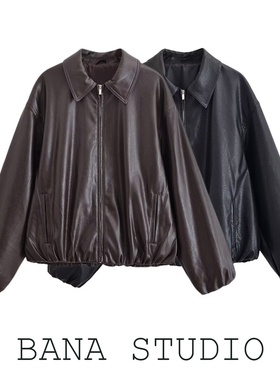 BANA外贸出口美式翻领灯笼袖黑色皮衣外套女款2025新款加厚夹克女