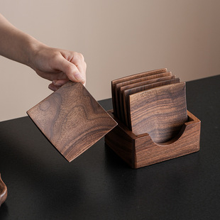 北美黑胡桃木四方杯垫带收纳盒实木隔热垫茶杯托茶碟茶道茶托