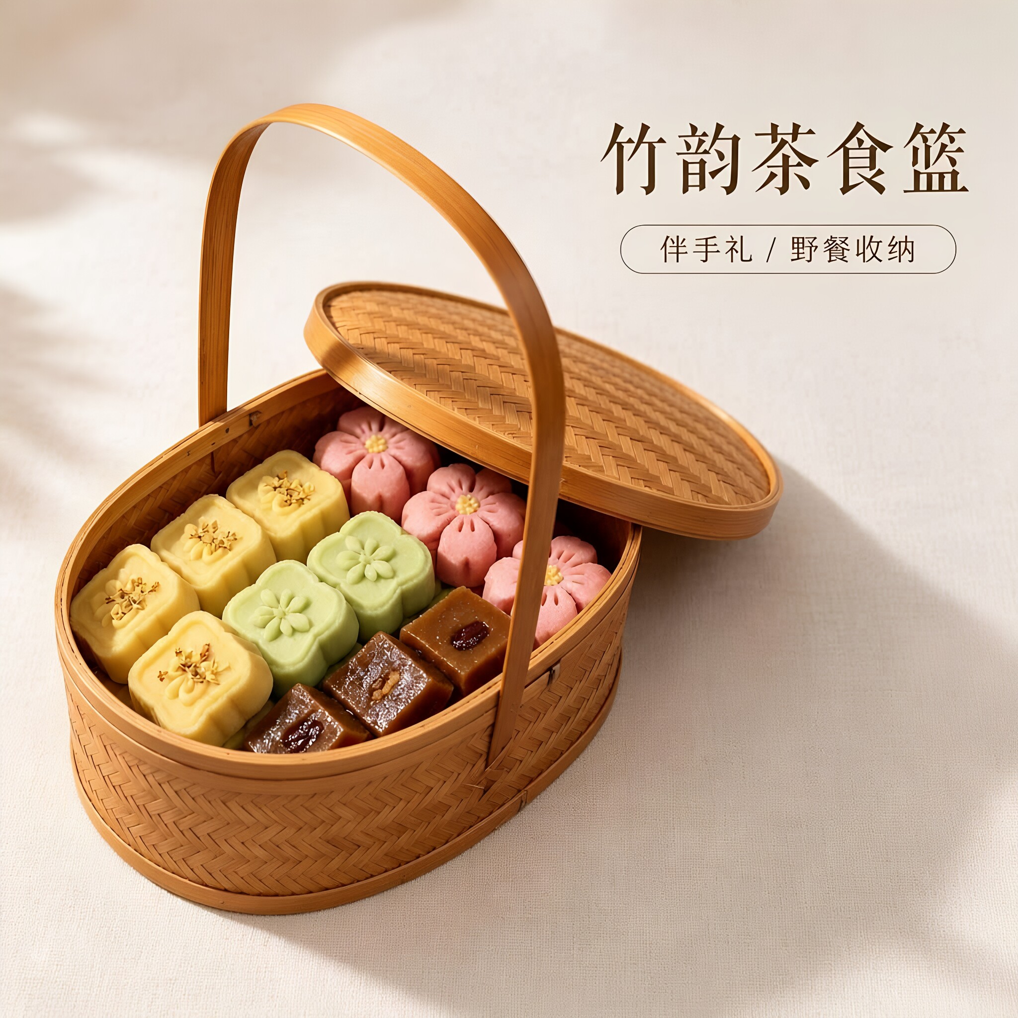 竹编提篮带盖椭篮复古礼品篮点心