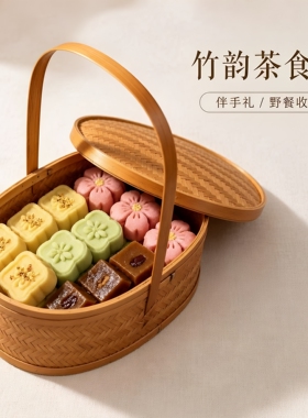 竹编提篮带盖椭篮复古礼品篮点心