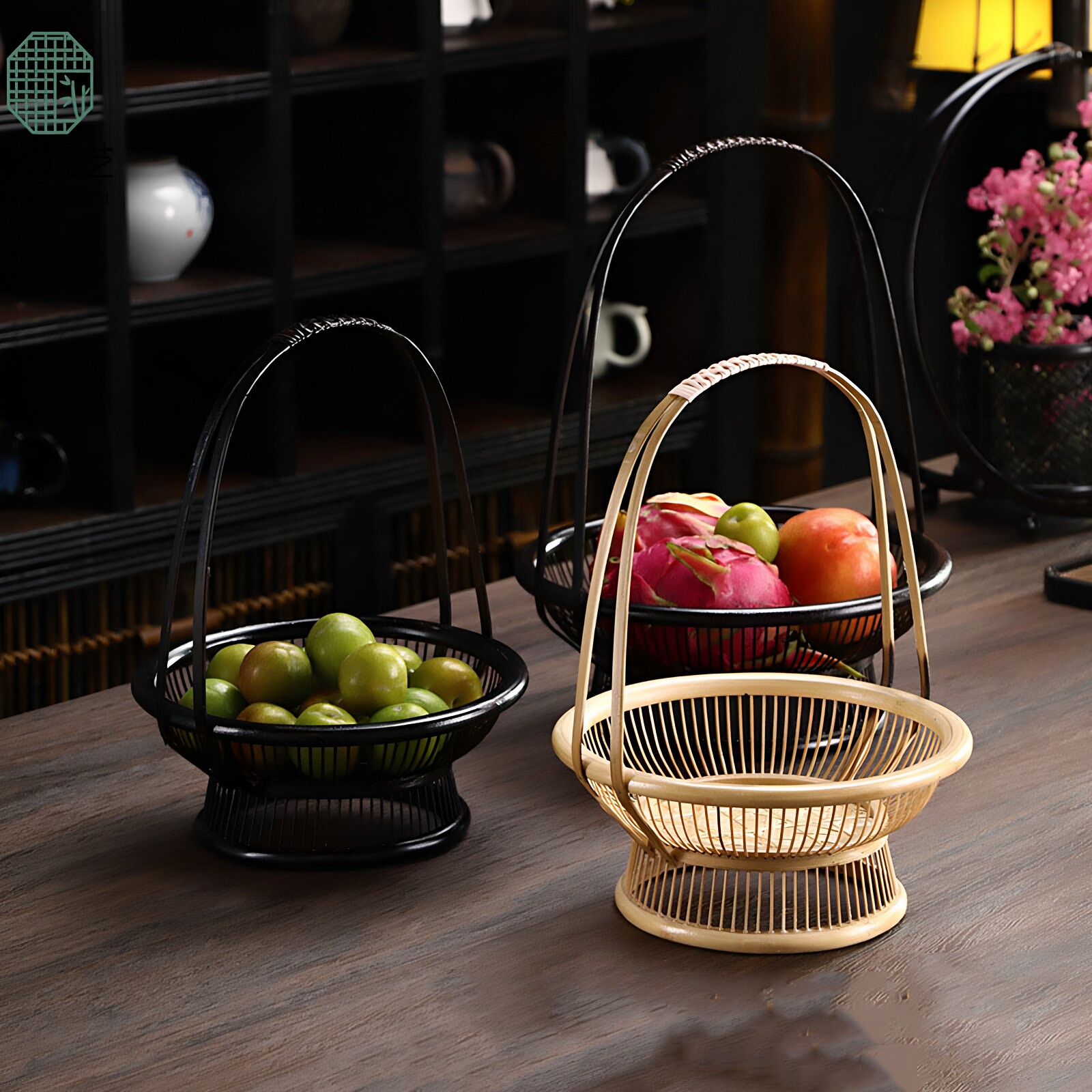 竹编复古花篮竹制花器大漆手提果篮子收纳盒手工编插花花器小花架