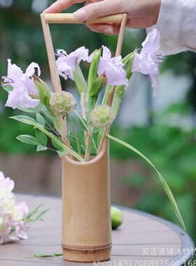 竹制干花竹筒花瓶复古插花摆件