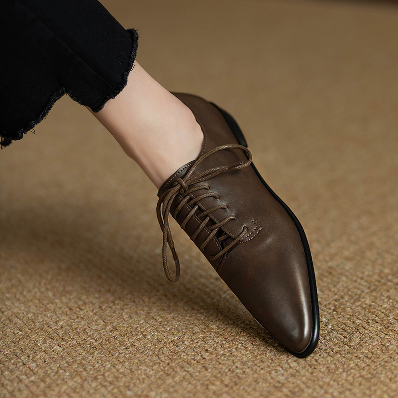 复古春秋软底深口系带低跟小皮鞋