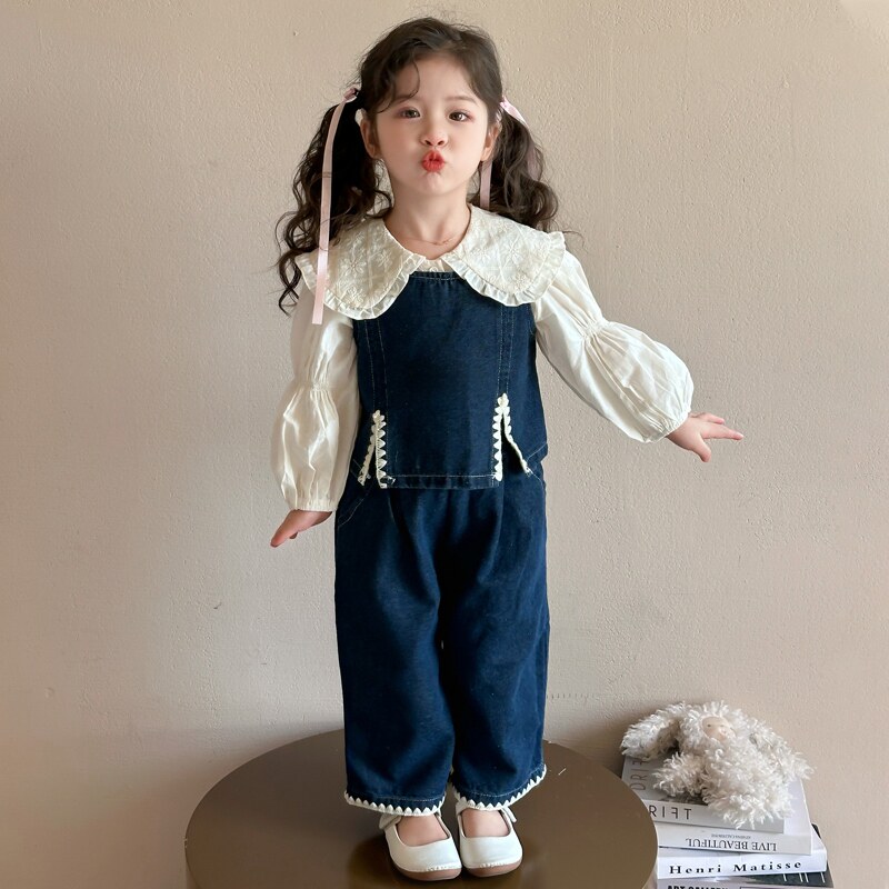 春秋款提花娃娃领长袖衬衫加马甲长裤女童韩版中小童牛仔套装潮