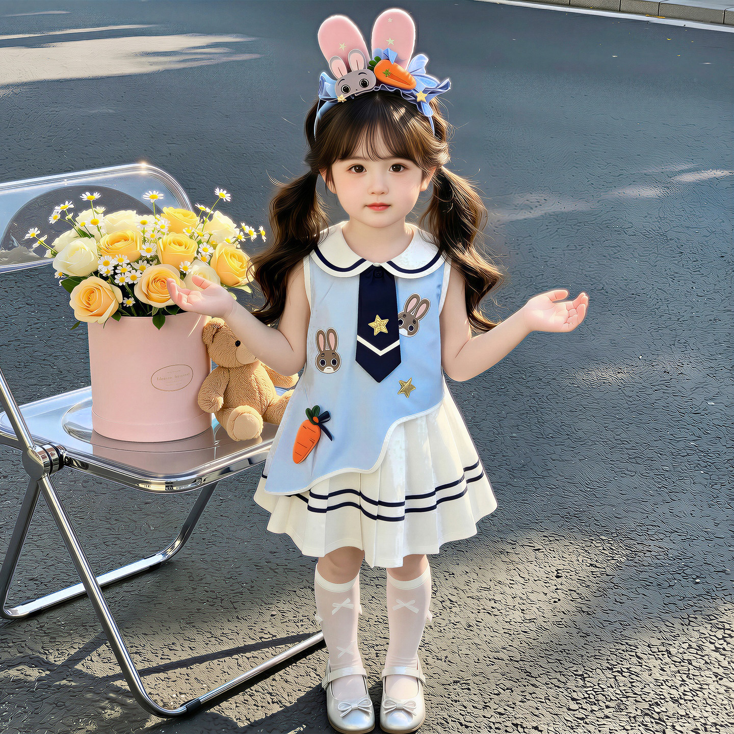 学院风兔子警官连衣裙女童夏季无袖娃娃领中长裙公主裙2026年新款