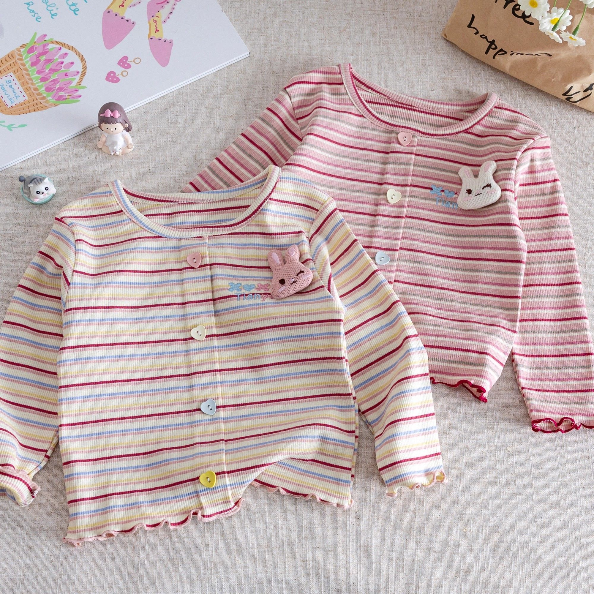 宝宝秋季甜美木耳边上衣儿童时尚条纹长袖可爱兔子女童T恤打底衫