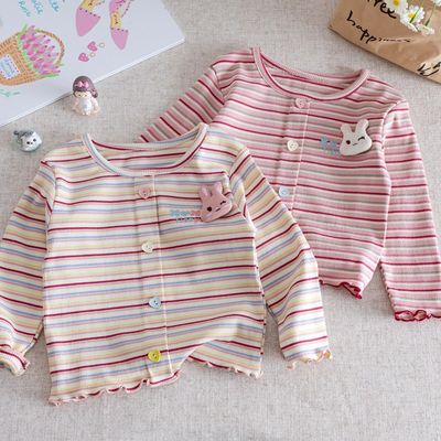 宝宝春季甜美木耳边上衣儿童时尚条纹长袖可爱兔子女童T恤打底衫
