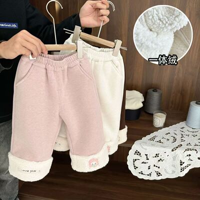 女童冬季休闲裤婴儿女宝宝加厚羊羔绒阔腿裤儿童一体绒直筒长裤子