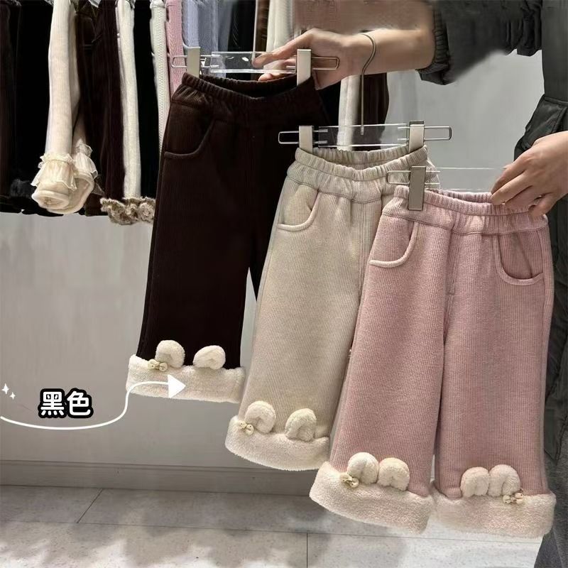 女宝宝冬季韩版阔腿裤女童加绒加厚喇叭裤儿童洋气一体绒休闲裤子