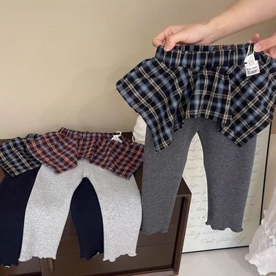 女童裤裙秋冬加绒弹力打底裤女宝宝格子屁帘假两件裤子儿童加绒裤