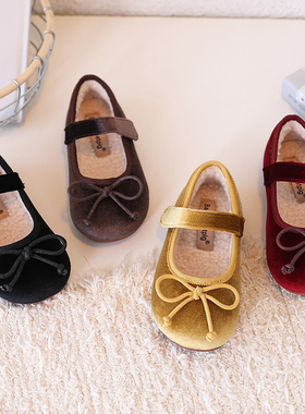 韩版女童加绒棉鞋秋冬季小童丝绒公主鞋蝴蝶结儿童奶奶鞋软底童鞋