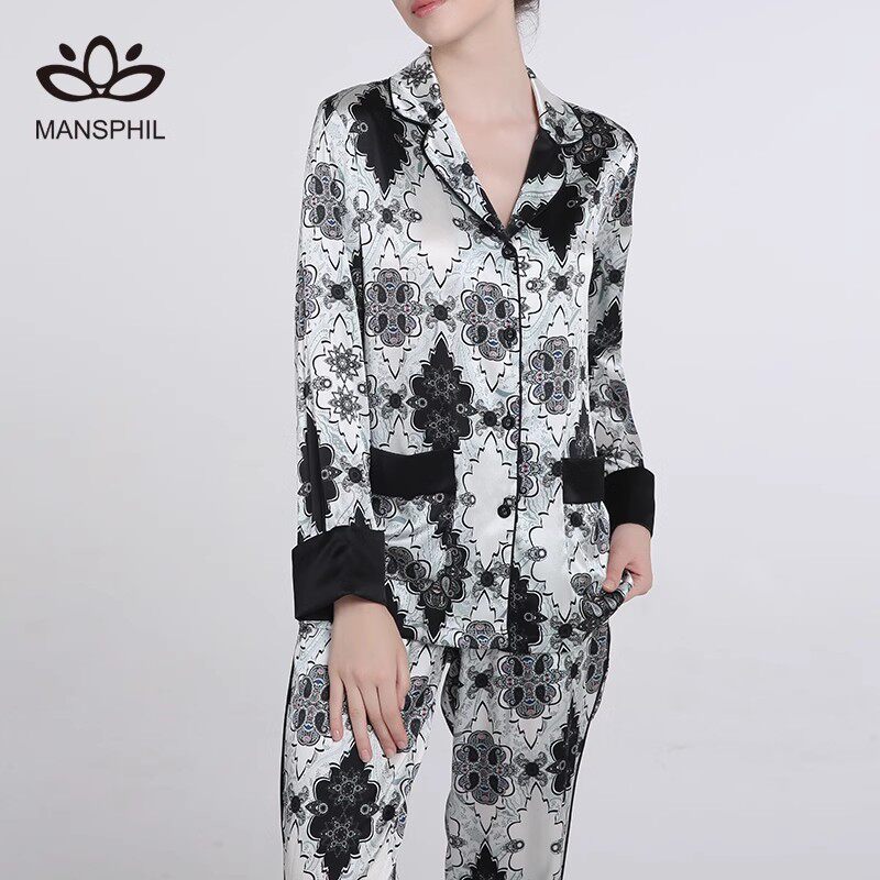 MANSPHIL真丝印花睡裙桑蚕丝睡衣套装两件套家居服浴袍女丝绸外搭