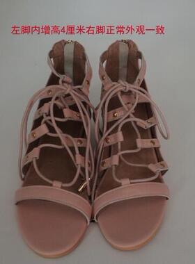 来图片定做残疾人单脚内增高交叉绑带真皮凉鞋