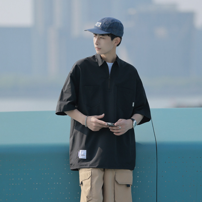 2024夏季大码港风多口袋工装衬衫宽松短袖衬衣外套226-3-p40-6862，男装衬衫，星座226-3