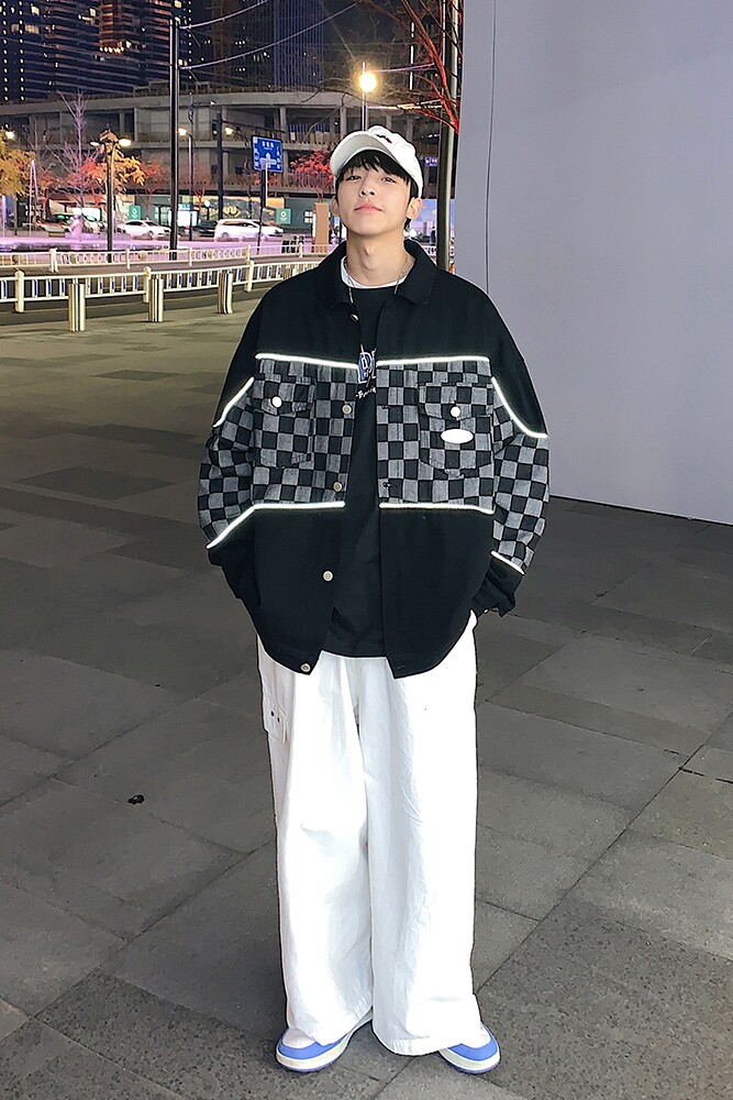 2024春新款港风大码反光条夹克棋盘格牛仔外套JK18P852263,男装夹克,星座226-3