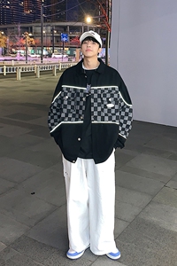 2024春新款港风大码反光条夹克棋盘格牛仔外套JK18 P85 226 3图片