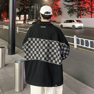 2024春新款港风大码反光条夹克棋盘格牛仔外套JK18 P85 226 3图片