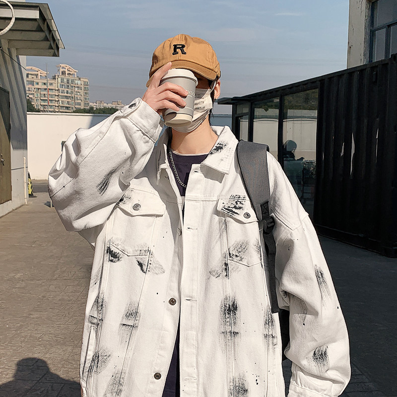 wassuphappy涂鸦牛仔外套男士春秋季潮流港风青少年痞帅休闲夹克，男装夹克，星座226-3