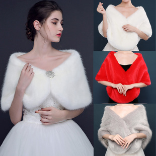 新娘毛披肩女冬季结婚纱披肩狐狸毛披风旗袍晚礼服外搭一字肩斗篷