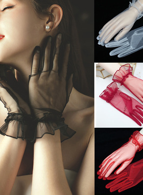 新娘婚纱礼服手套酒红色晚装结婚手纱黑色香槟色演出舞会网纱白色
