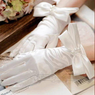 新娘手套珍珠白色结婚礼缎面网红拍照婚纱摄影写真短款蝴蝶结短款