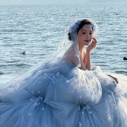 蓝色花神婚纱新娘头纱定制