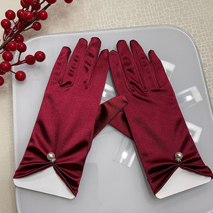 小红书同款直播迎宾白色新娘结婚手套婚纱礼服缎面珠宝黑色酒红色