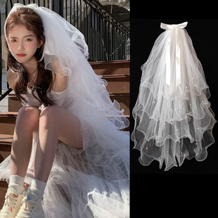 新娘结婚头饰白色蝴蝶结珍珠短款头纱法式求婚领证登记拍照小头纱