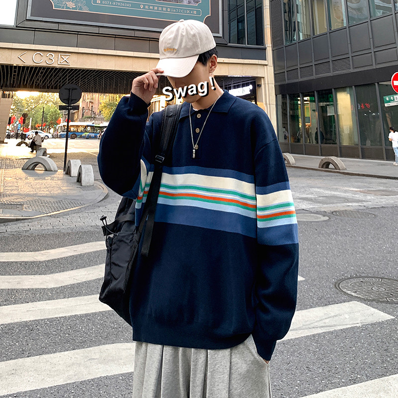 A353-M073-特P55高质量韩版翻领拼色套头情侣毛衣休闲男女针织衫,男装针织衫/毛衣,星座1308-1（原A353）