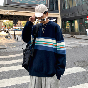 A353-M073-特P55 高质量韩版翻领拼色套头情侣毛衣休闲男女针织衫图片