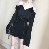 上衣 黑色设计感衬衣白色新款 小众女露肩吊带性感衬衫 一字肩纯夏季