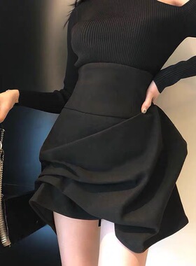 【断码清仓5折】褶皱复古束腰显瘦A字裙随性风chic抓皱花苞半身裙