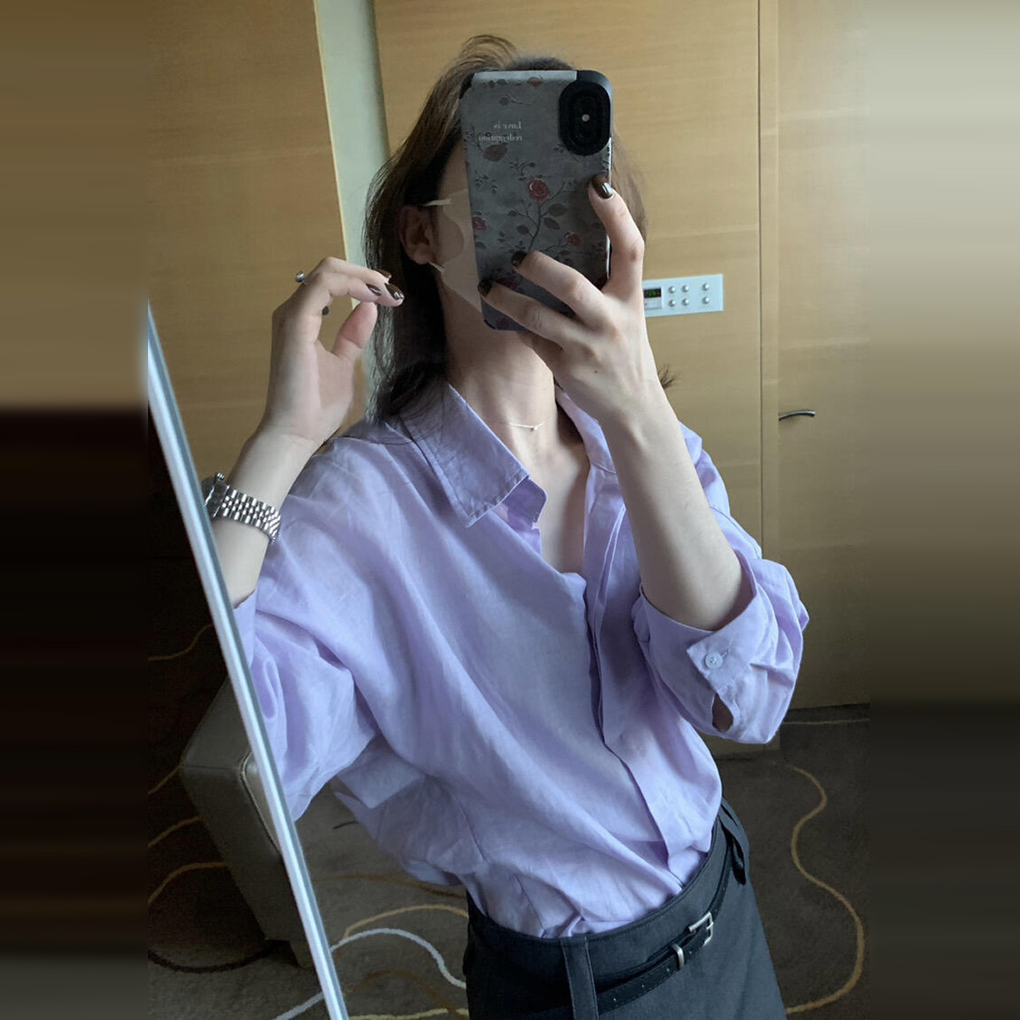法式紫色长袖衬衫女夏季慵懒风高级感气质Polo领漂亮出片通勤上衣