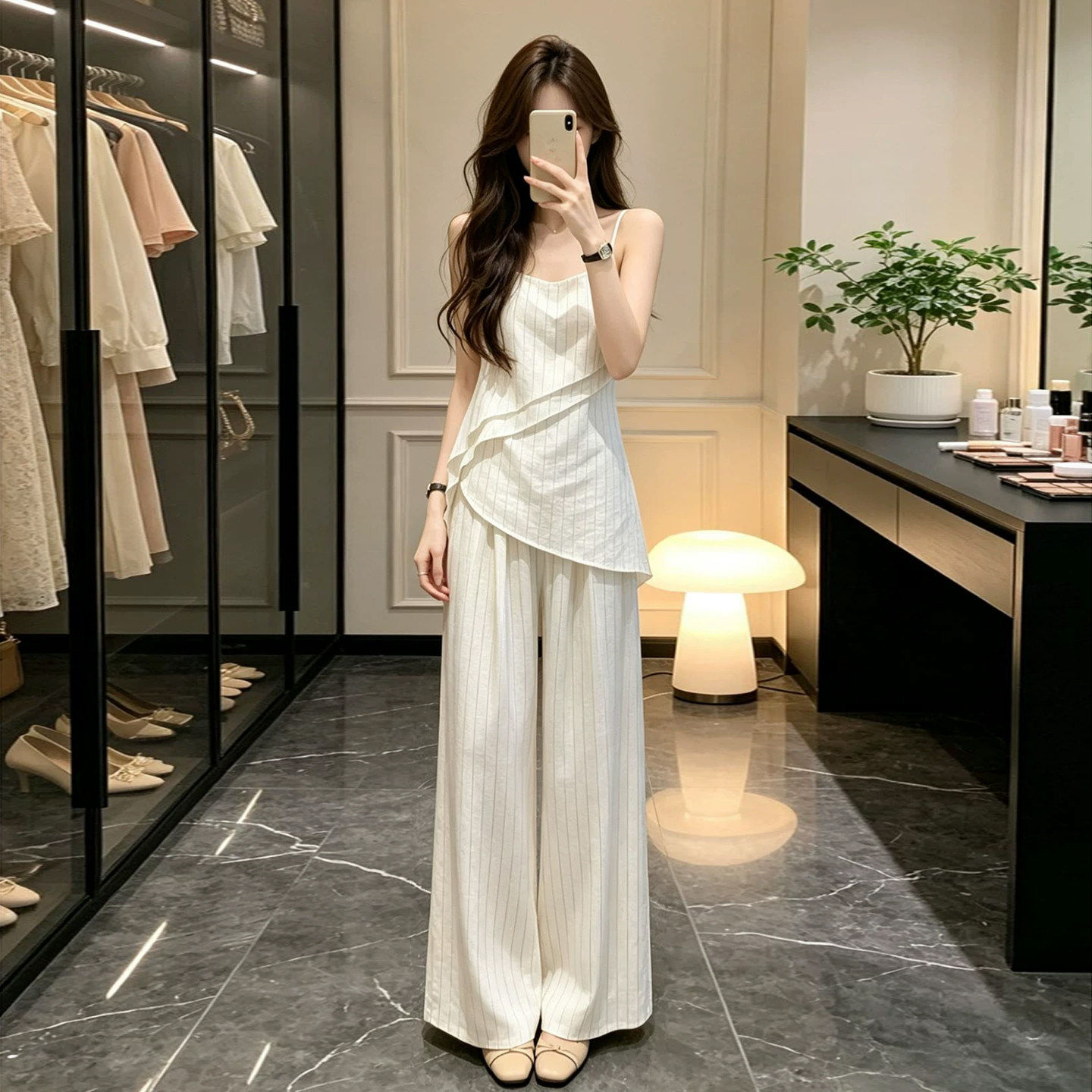 巨好看韩系ootd穿搭一整套2026新款吊带上衣女夏季阔脚裤两件套装