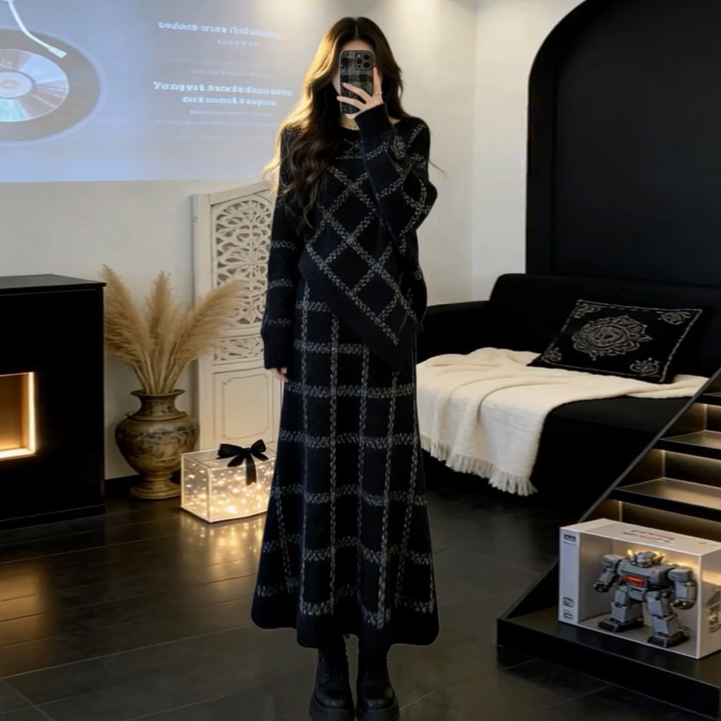 韩系巨好看穿搭一整套2026新款黑色毛衣针织裙女早春长裙套装