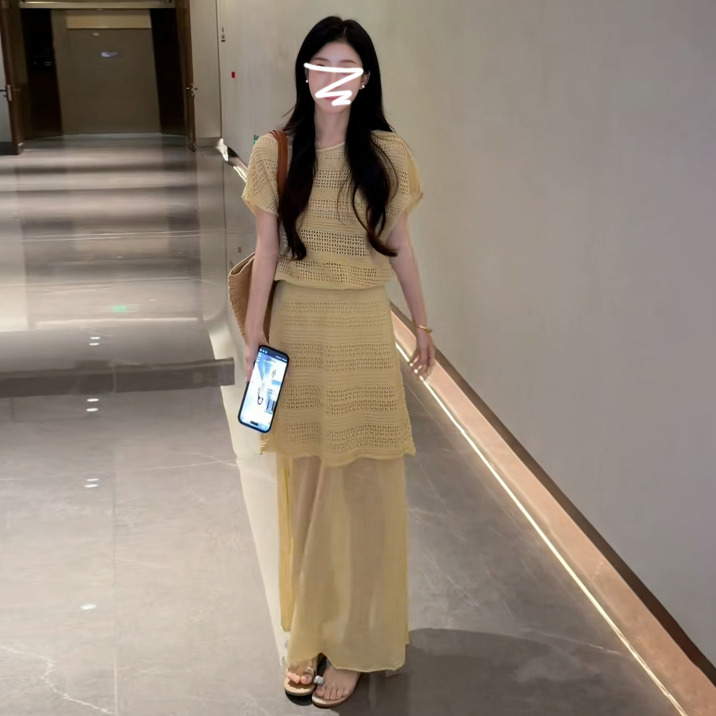 韩系度假风氛围感穿搭一整套连衣裙子夏季镂空针织上衣裙子套装女