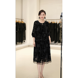 高级感桑蚕丝中长款 R8650丝绒真丝连衣裙大码 裙子女 希文优选