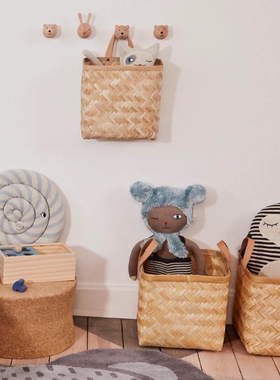 【7折】丹麦OYOY 竹编收纳筐皮质把手儿童房墙面装饰整理玩具北欧