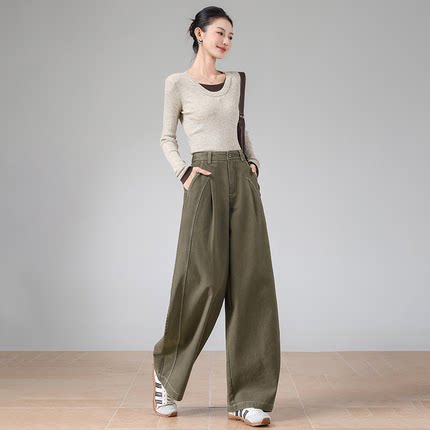 新款牛仔裤水洗棉休闲裤女秋季加厚牛仔裤百搭显瘦纯棉弯刀阔腿裤