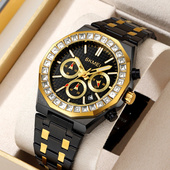 时刻美男士 石英表高级感手表正品 多功能夜光日历钢带商务腕表镶钻