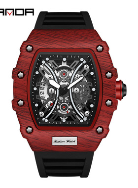 SANDA三达热卖7044方形石英夜光日历时尚休闲男表镂空炫酷腕表