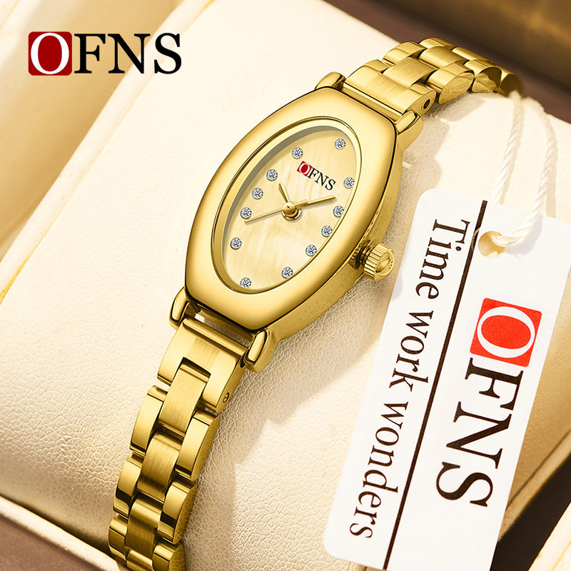 欧范尼女士手表镶钻皮刚带防水腕表椭圆形小表盘学生中古风石英表