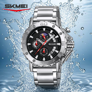 时刻美商务男士腕表 日月星辰钢带设计 三眼六针计时夜光指针