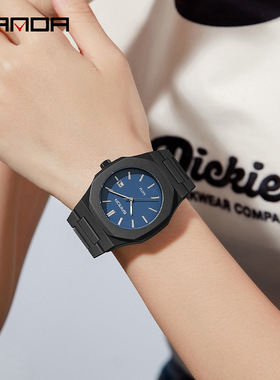 SANDA爆款石英表经典黑白色时尚男表简约单历条钉50M防水学生表女