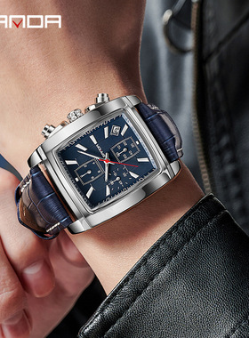 SANDA三达新品三眼六针皮带男士石英表时尚潮流方形防水刻度腕表