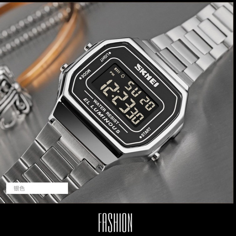 SKMEI男士手表潮流时尚小方块电子手表男士电子表金属国产腕表