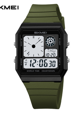 时刻美新款方形男士手表学生户外运动多组闹钟电子表夏令时倒计时