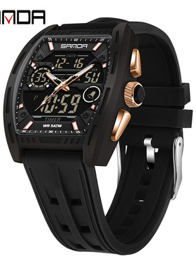 SANDA新款创意酒桶型腕表倒计时3地时休闲防水表男士多功能电子表