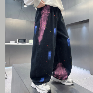 男童裤子潮牌中大童长裤加绒加厚一体绒儿童牛仔裤秋冬新款弯刀裤