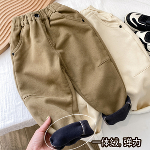 男童加绒裤子2025新款冬款儿童弹力休闲裤纯色一体绒冬季中童小童